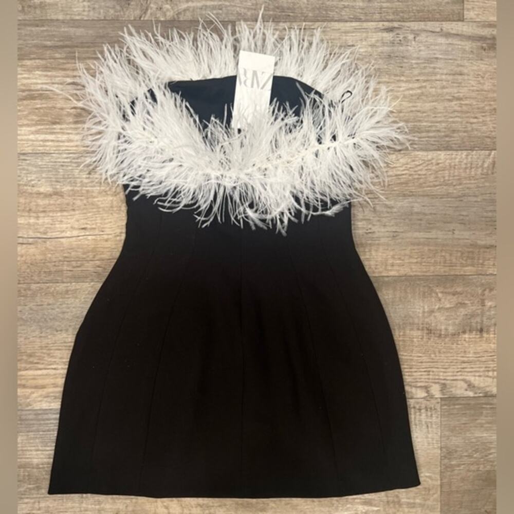 ZARA Black Feather Trim Strapless Mini Dress NWT Cocktail Party Size M - Picture 16 of 16